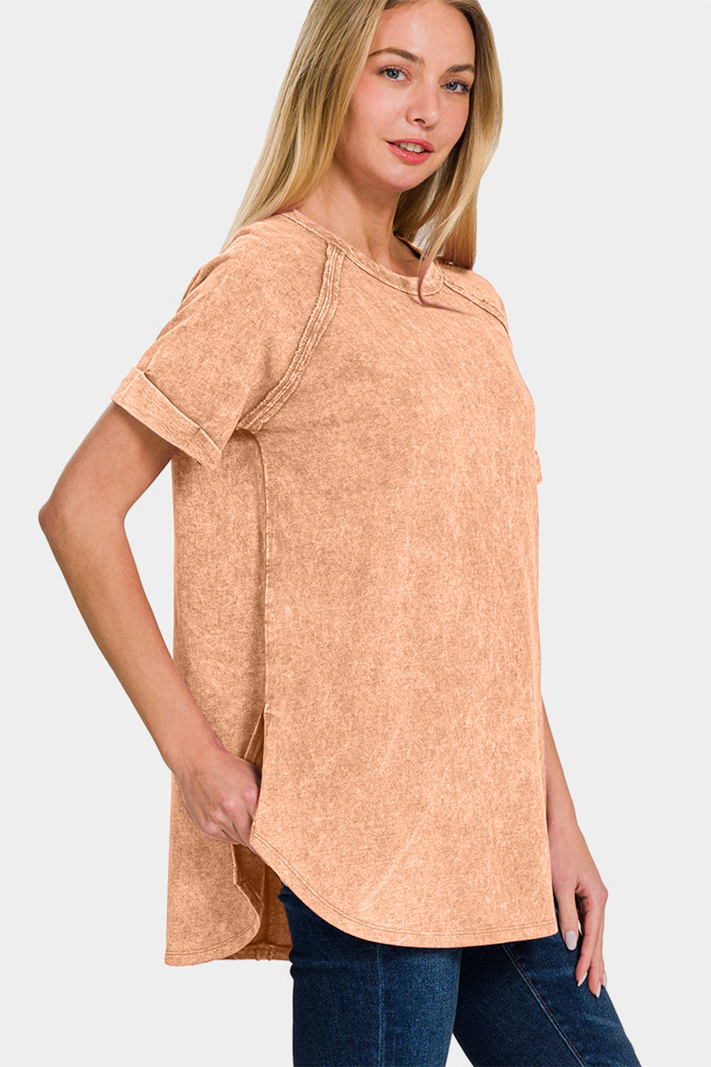 Zenana Heathered Round Neck Short Sleeve Top in Brush Shirts & Tops