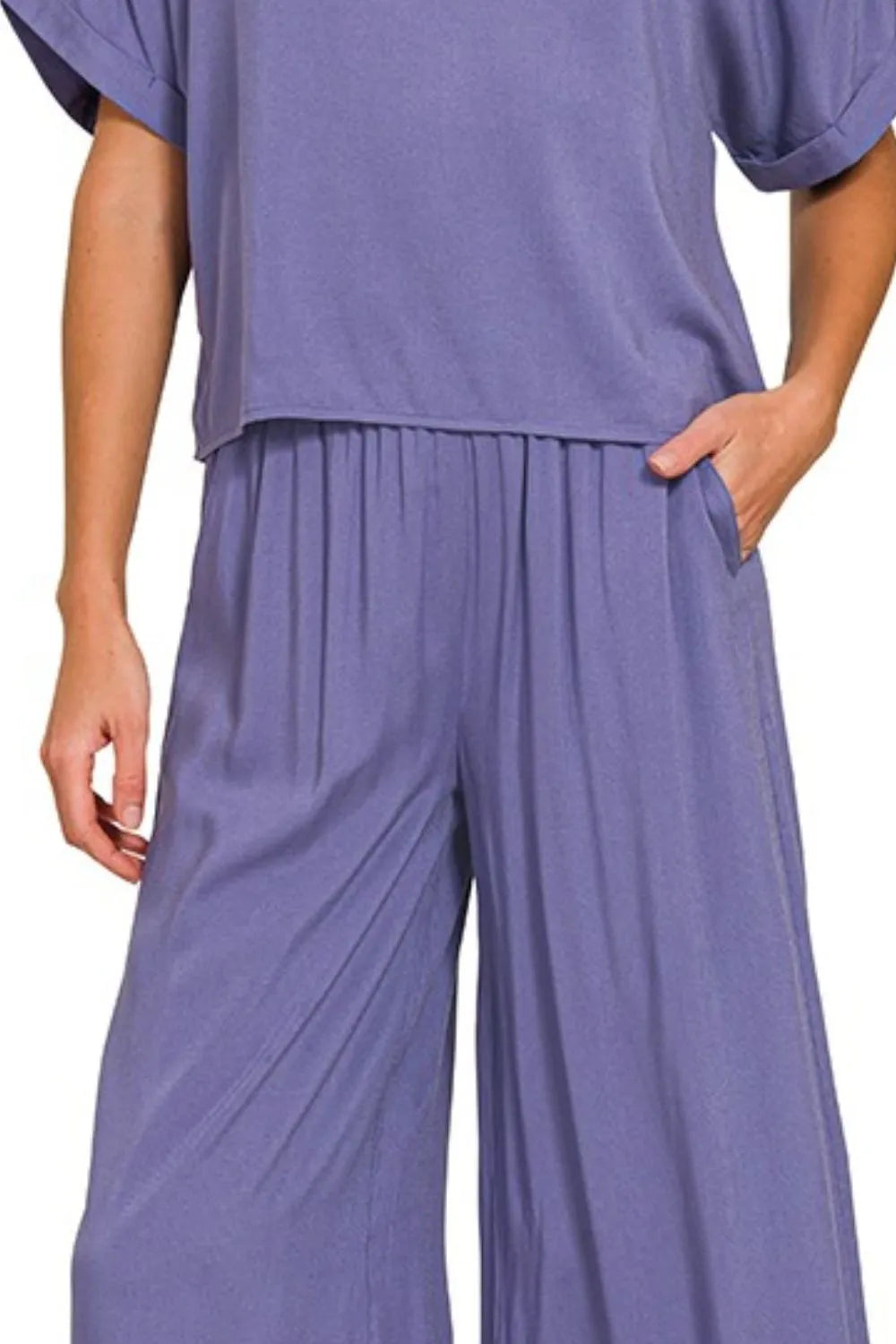 Zenana Marlin Round Neck T-Shirt and Wide Leg Pants Set