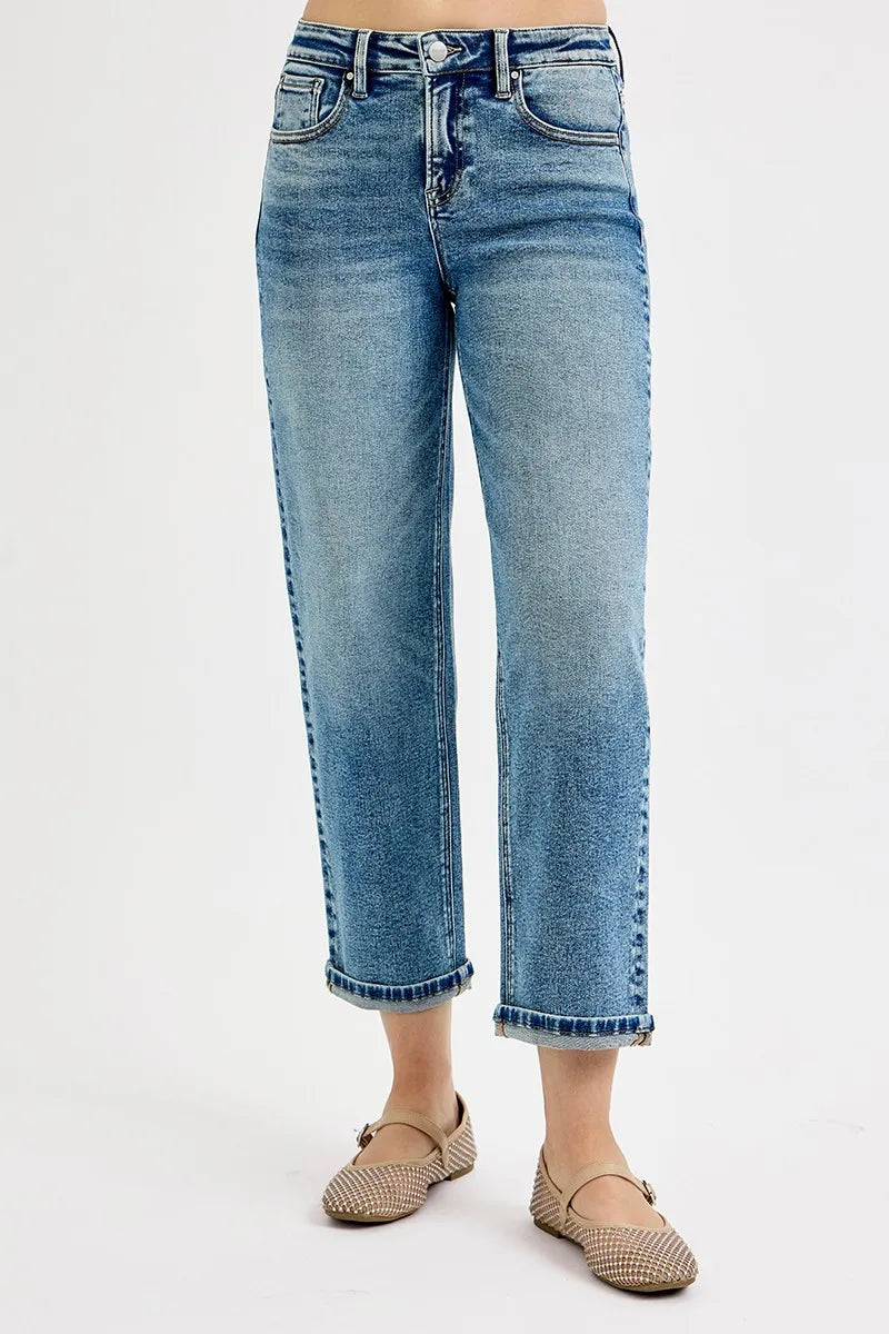 RISEN Medium Washed High Rise Crop Boyfriend Jeans