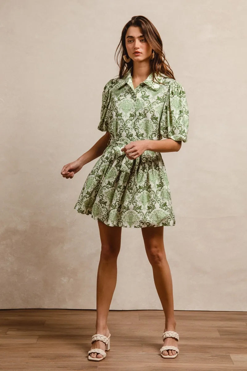 BiBi Tied Floral Short Sleeve Mini Shirt Dress in Green & Cream
