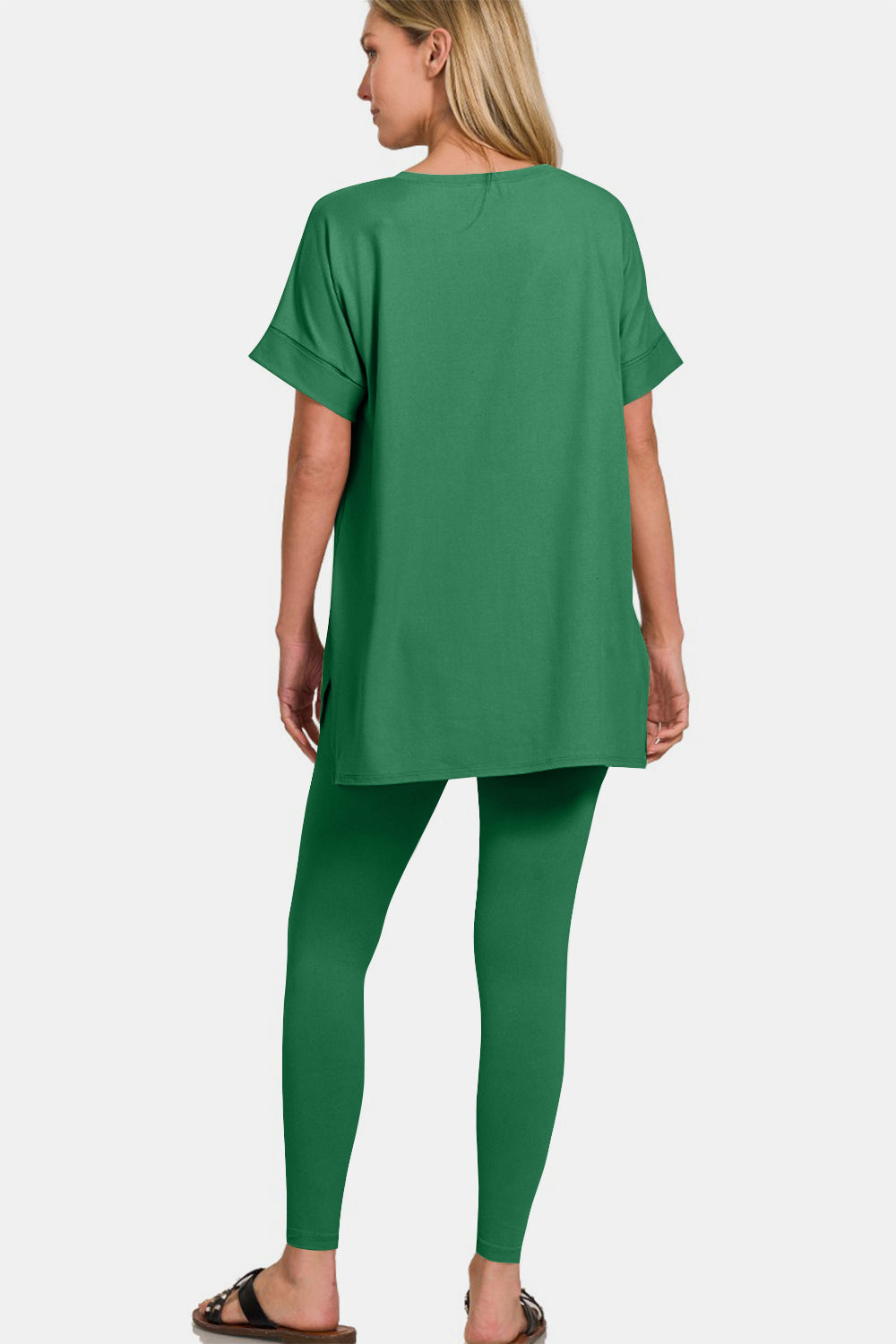 Zenana Forest Green V-Neck Rolled Short Sleeve T-Shirt and Leggings Lounge Set Loungewear