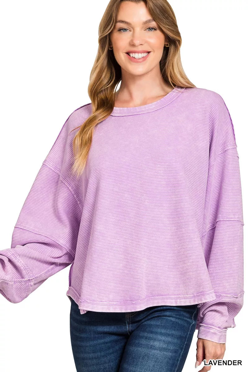 Zenana Lavender Acid Washed Double Ribbed Exposed-Seam Sweatshirt LAVENDER