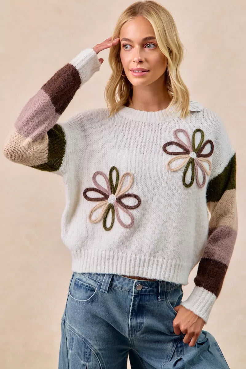 BiBi Ivory & Mocha Flower Color Block Sweater