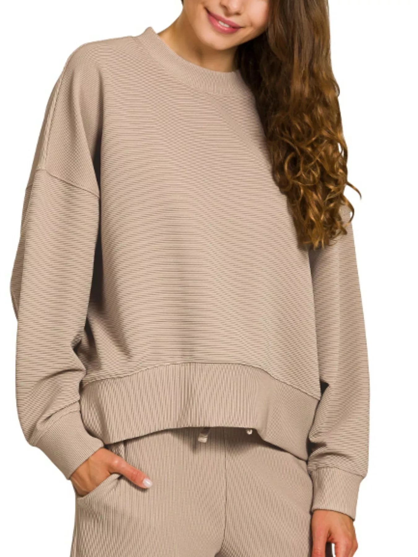 Zenana Ash Mocha Ribbed Round Neck Pullover and Drawstring Pants Set