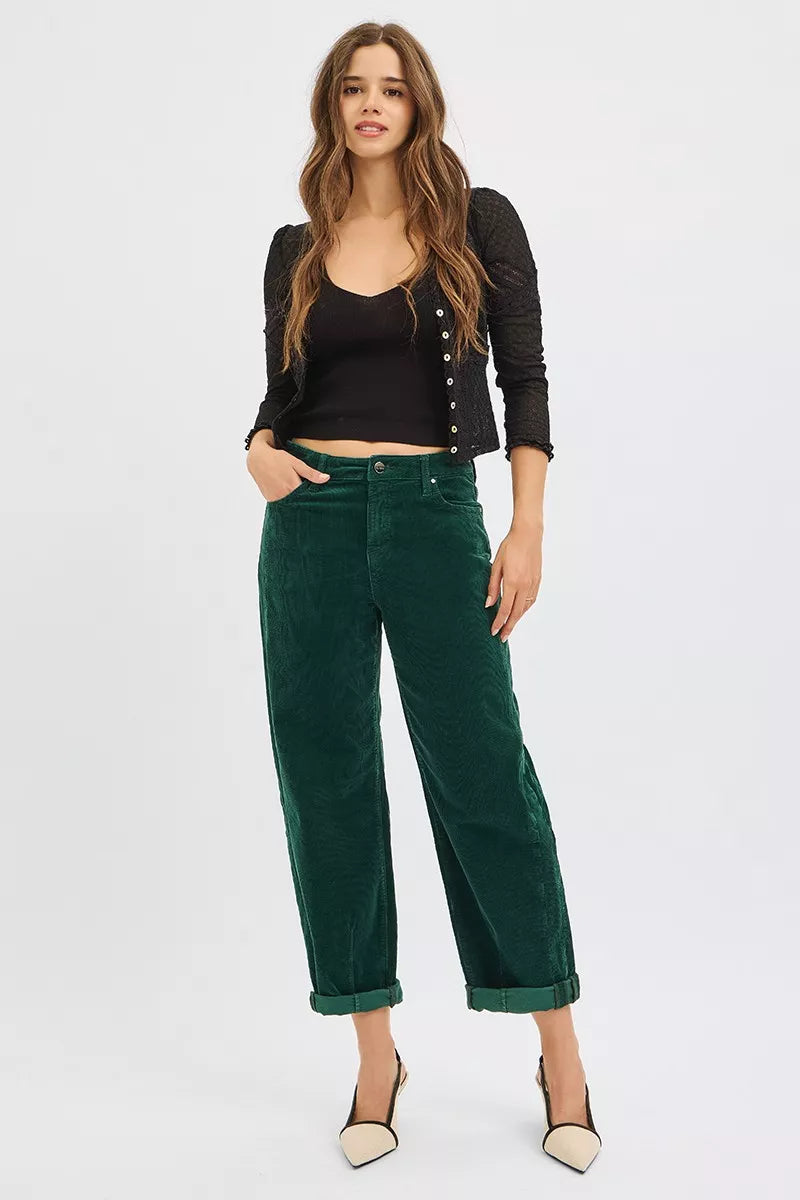 RISEN Hunter Green High Rise Crop Barrel Cordurory Pants