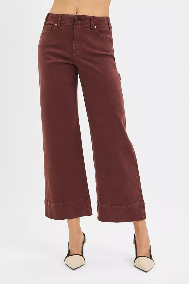 RISEN Tummy Control High Rise Crop Wide No Waist Band Pants CHOCO BROWN
