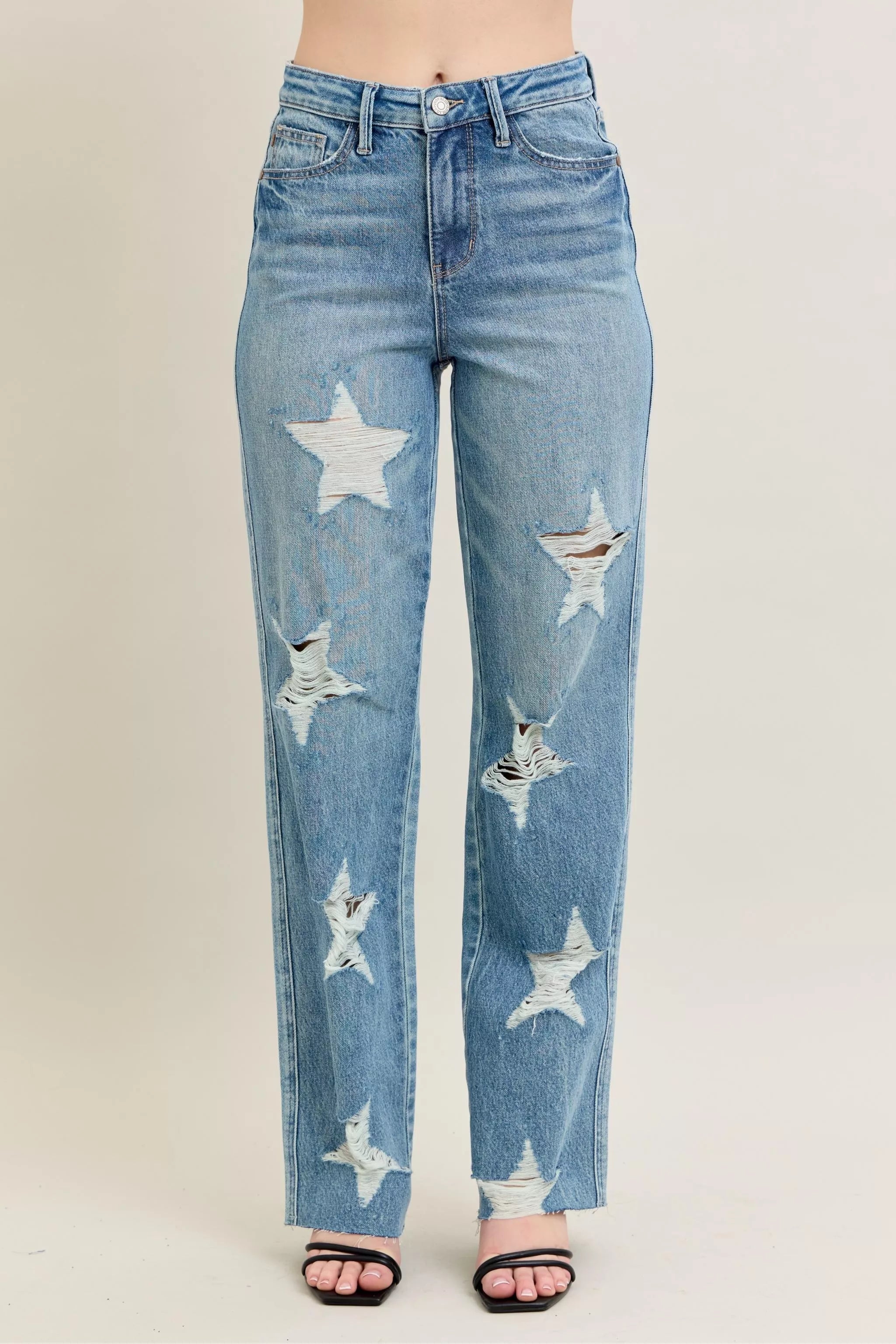 Judy Blue High Waist Rigid Magic Star Shaped Destroyed 90's Straight Jeans MD