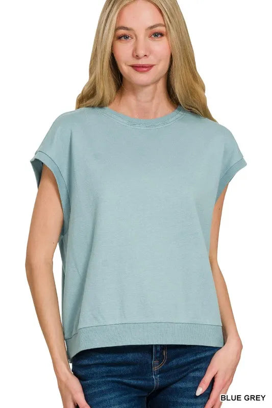 Zenana Blue Gray French Terry Round Neck Cap Sleeve T-Shirt BLUE GREY