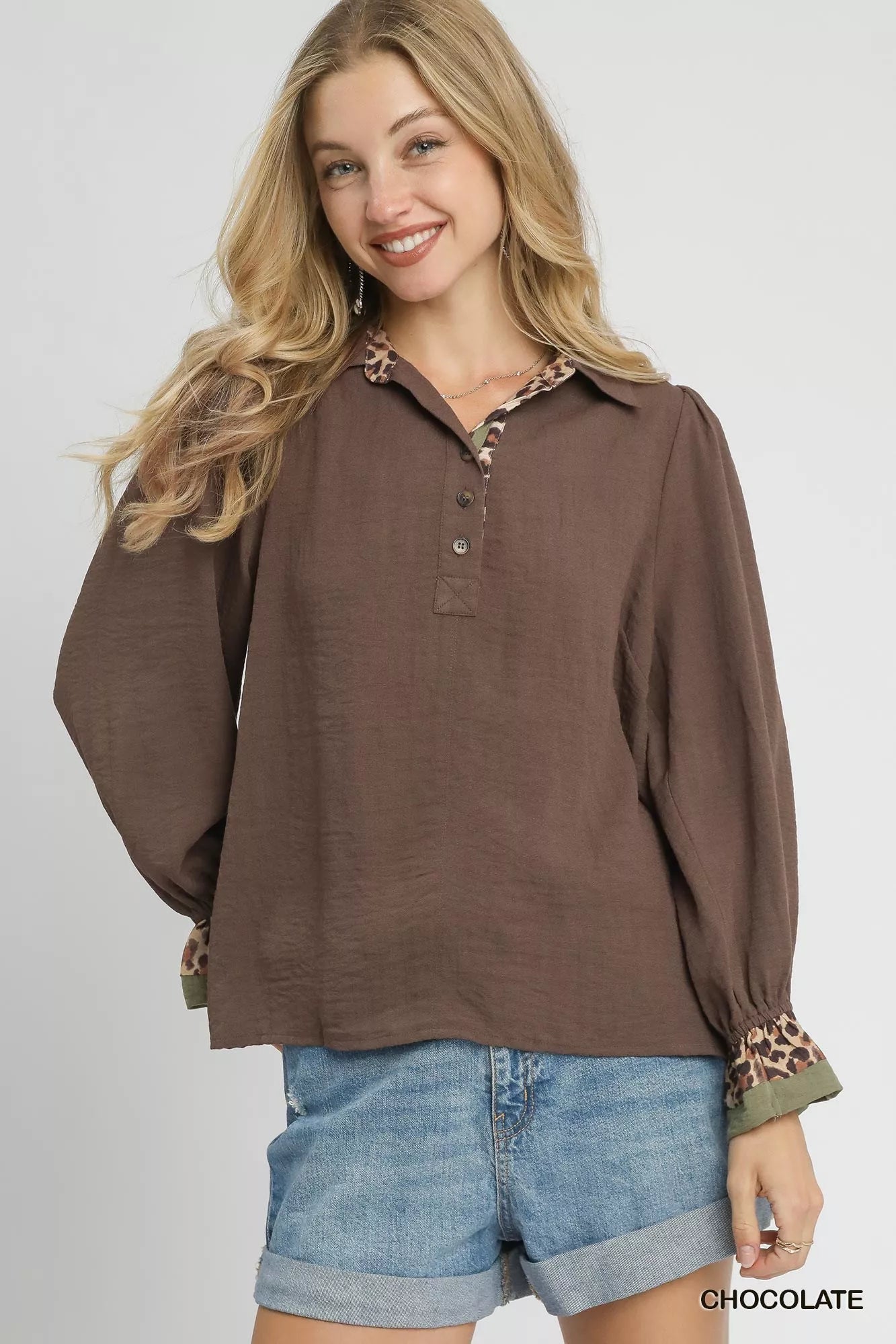 Umgee Chocolate Half Button Blouse with Leopard Print Trim CHOCOLATE