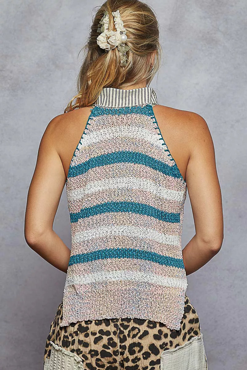 POL Light Pink Striped Collar Sweater Vest with Star Patch