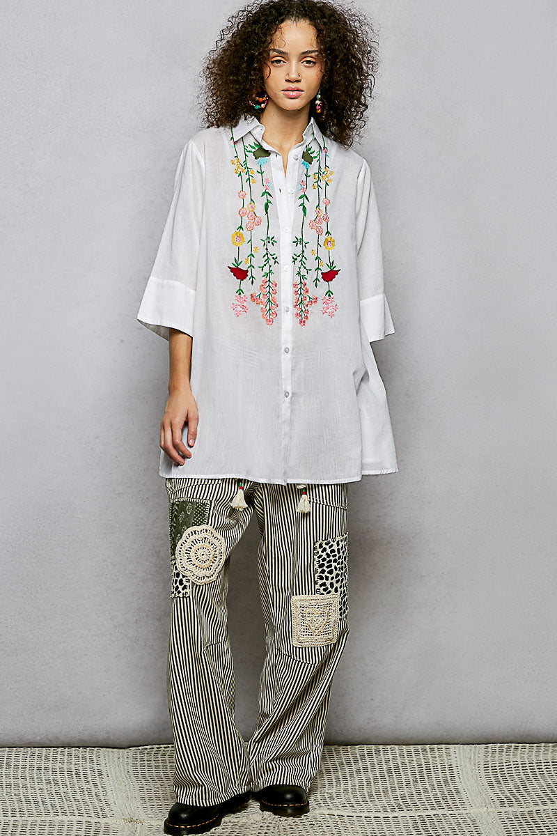 POL Ivory Floral Embroidered Half Sleeve Cotton Shirt