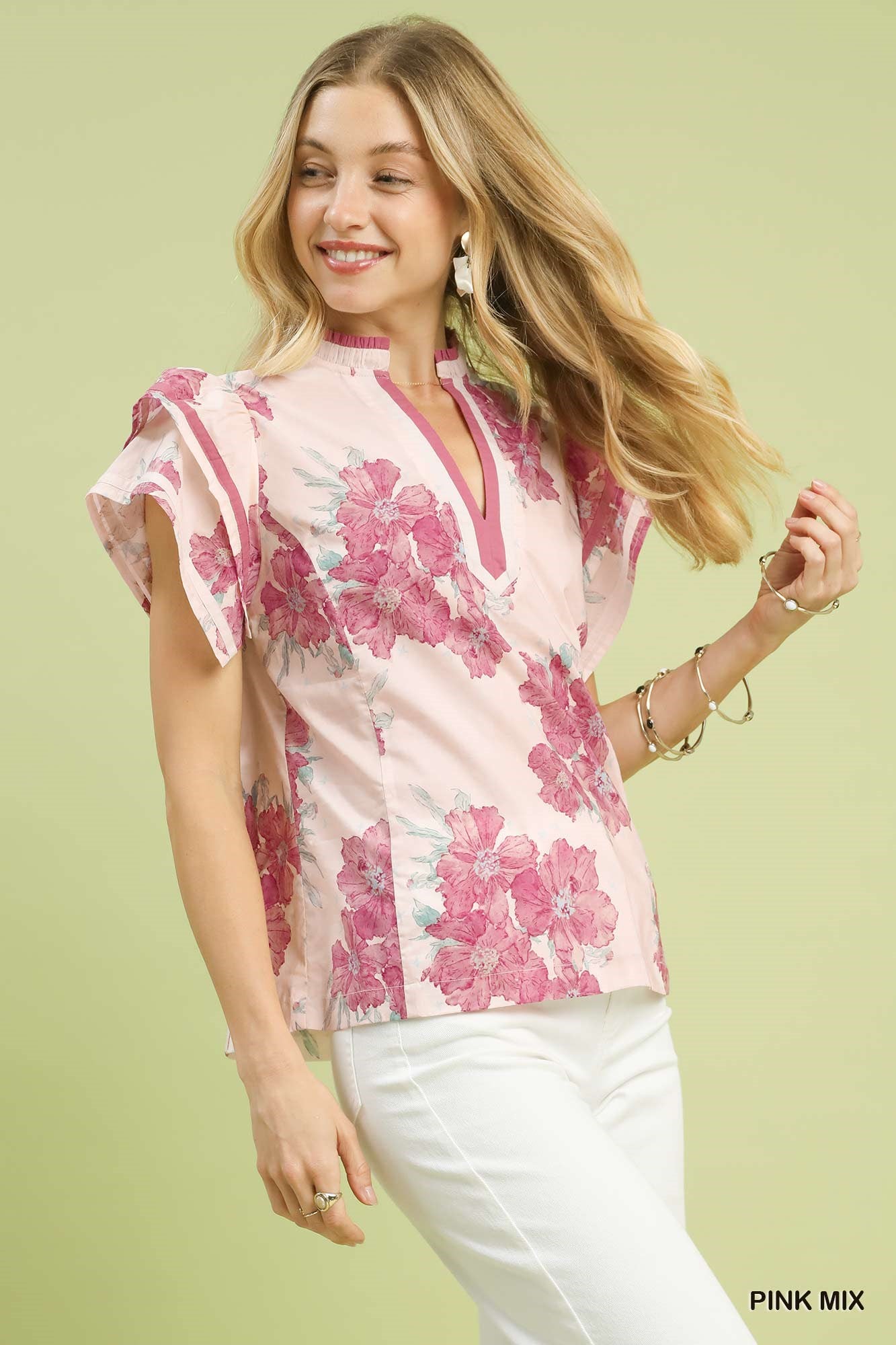Umgee Pink Mix Floral Ruffle Sleeve Blouse