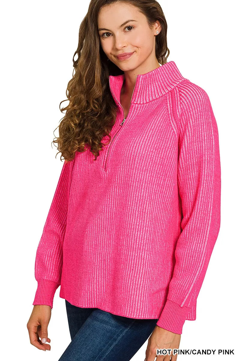 Zenana Ribbed Two-Tone Half Zip Sweater in Hot Pink/Candy Pink