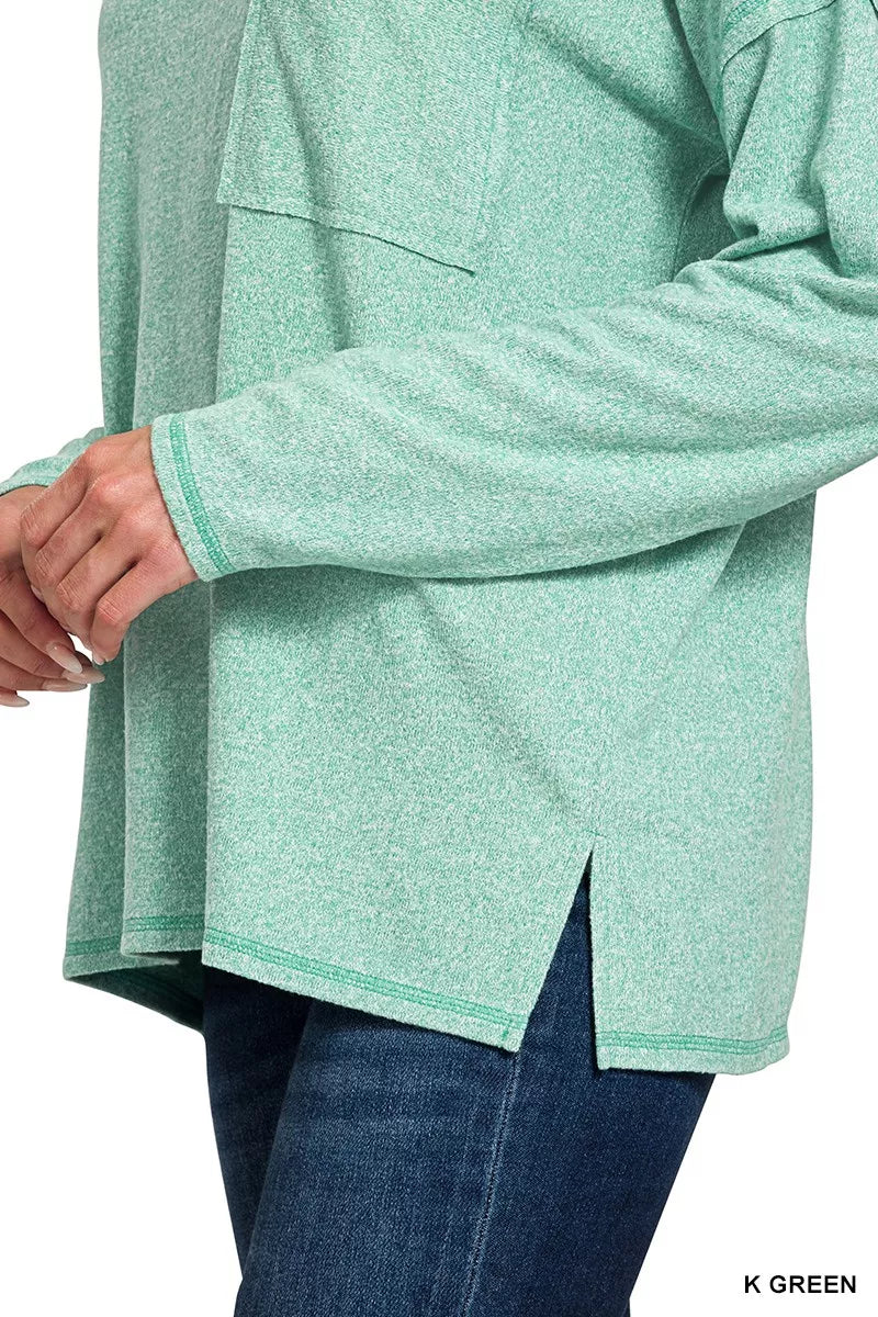 Zenana Kelly Green Soft Melange Hacci Round-Neck Long Sleeve T-Shirt