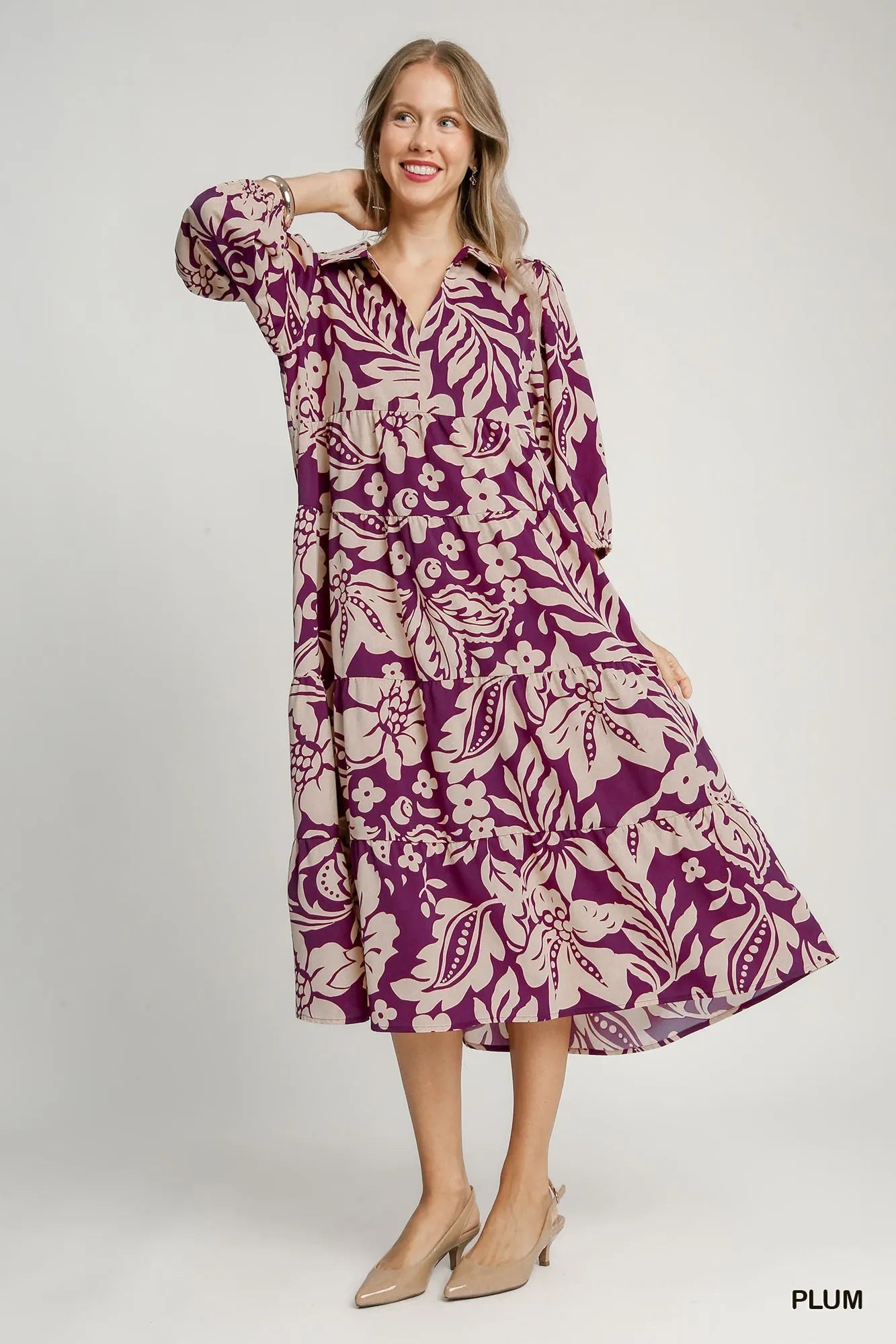Umgee Plum Floral Print Tiered Midi Dress PLUM