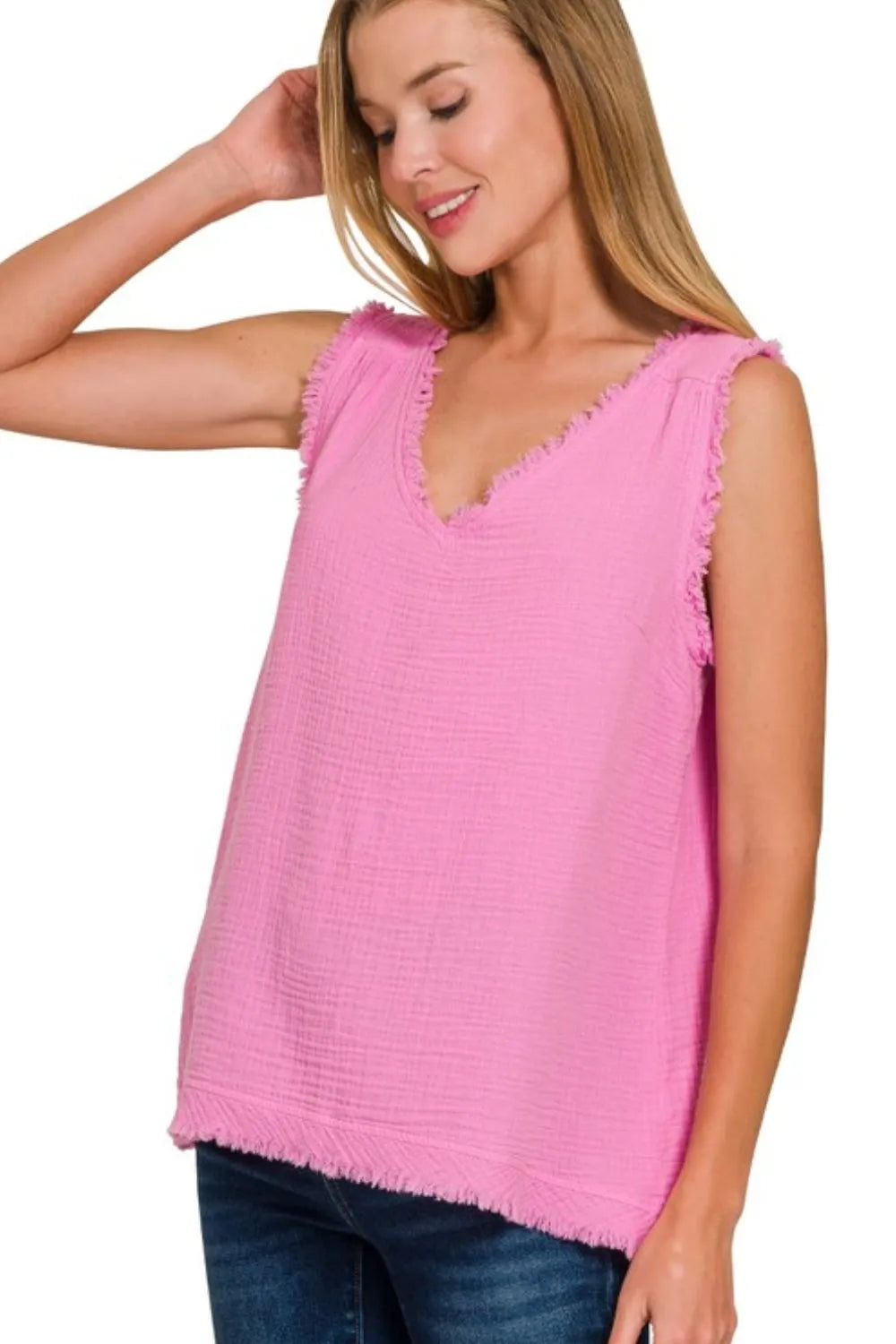 Zenana Candy Pink Double Gauze Raw Edge V-Neck Tank CANDY PINK