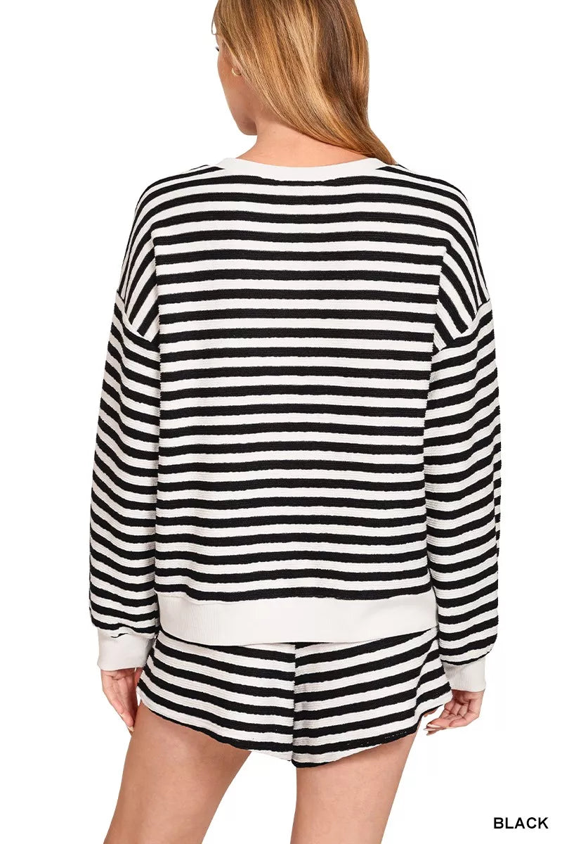 Zenana Black Striped Long Sleeve Top and Shorts Set