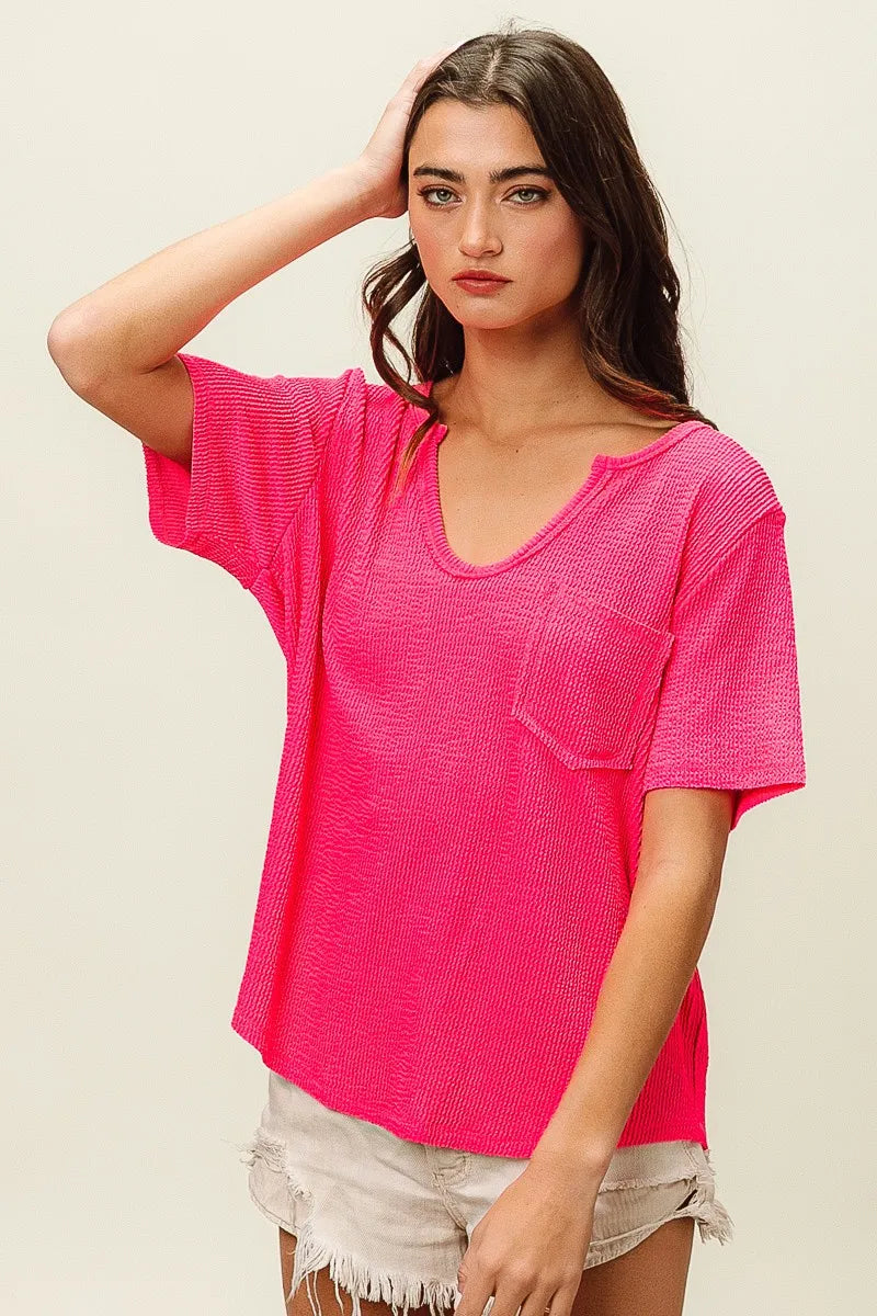 BiBi Fuchsia Waved Rib U Neck Top With Front Pocket