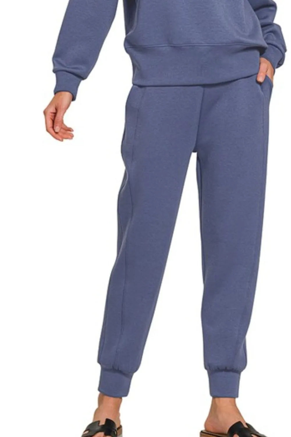 Zenana Blue Indigo Scuba Crewneck Pullover & Joggers 2 Pieces Set