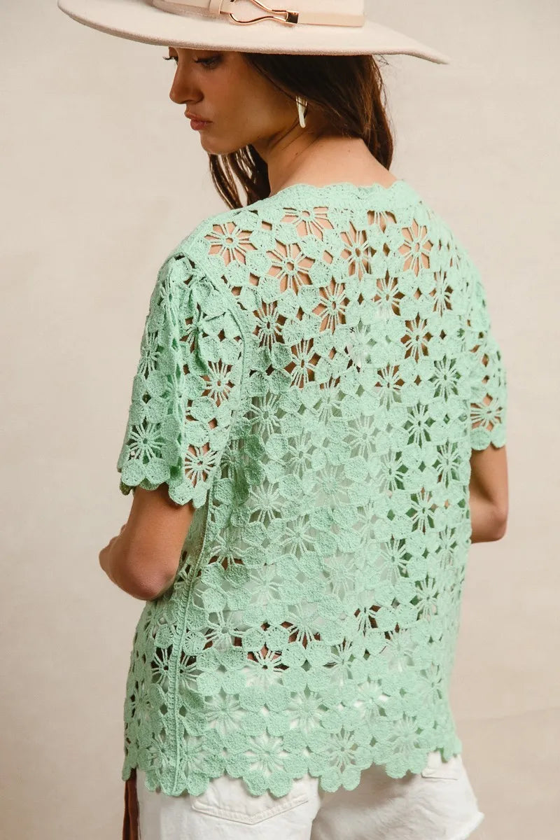 BiBi Light Green Openwork Crochet Short Sleeve Knit Top