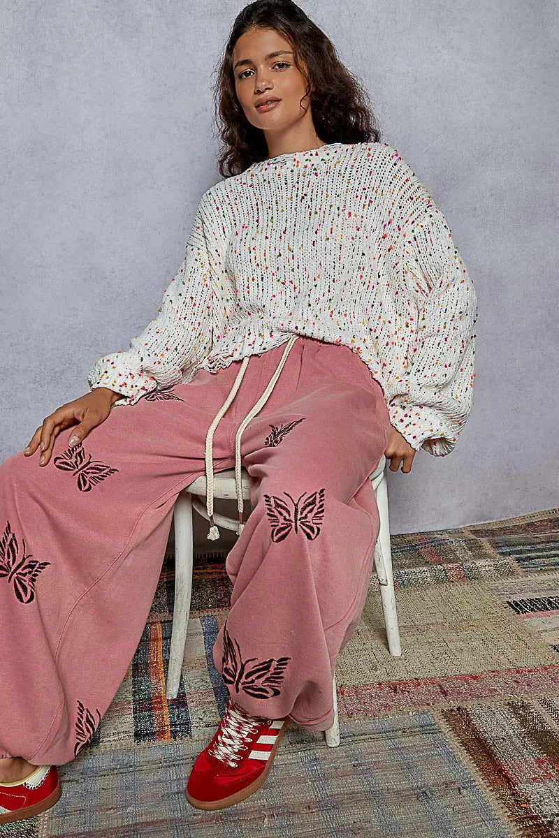 POL White Pink Round Neck Fringed Hem Sweater