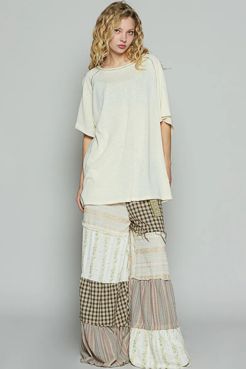 POL Custard Contrast Stitching Jersey Knit Short Sleeve Oversized T-Shirt