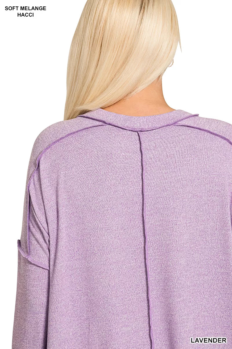 Zenana Lavender Melange Hacci Exposed Seam Hi-low Top
