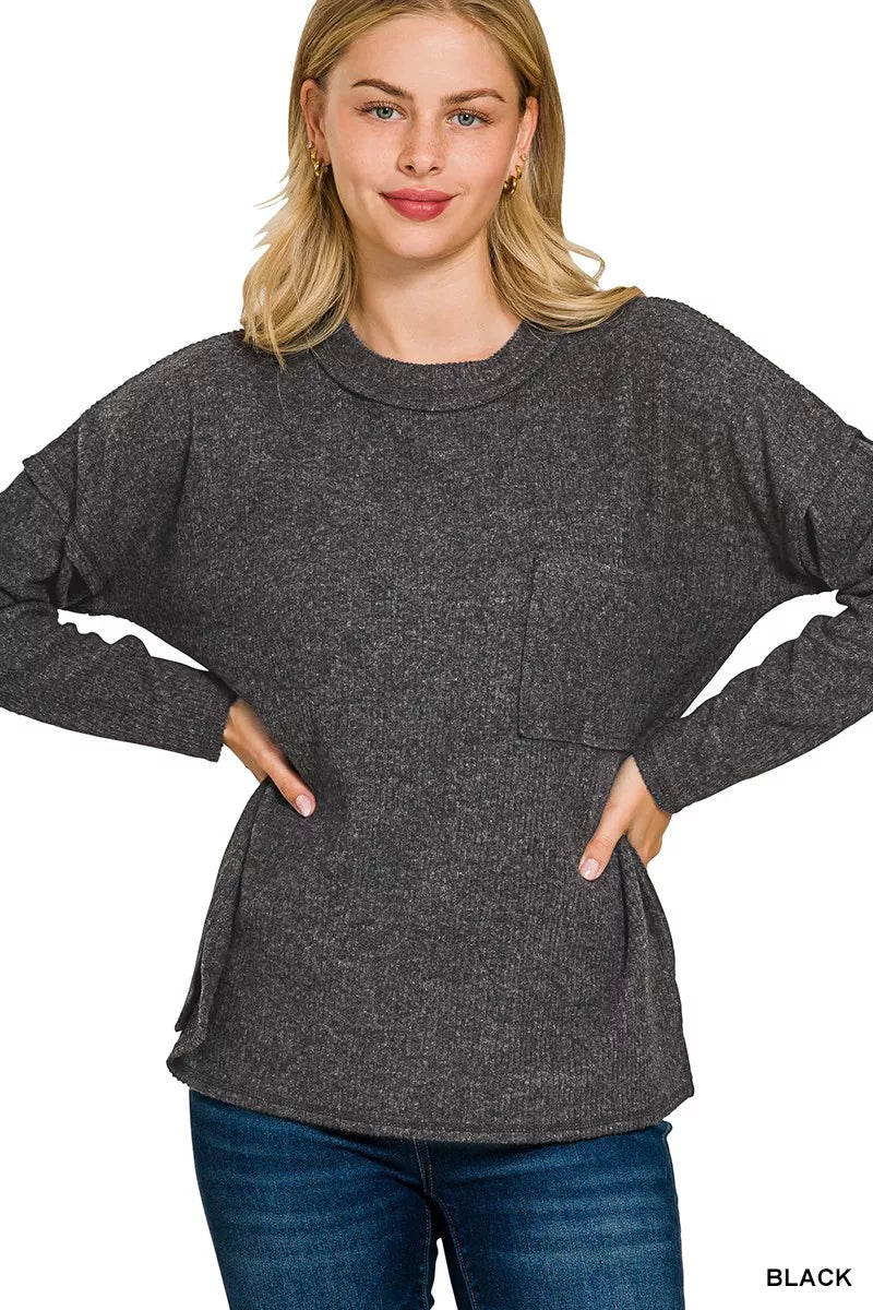 Zenana Black Ribbed Brushed Melange Hacci Sweater with Chest Pocket