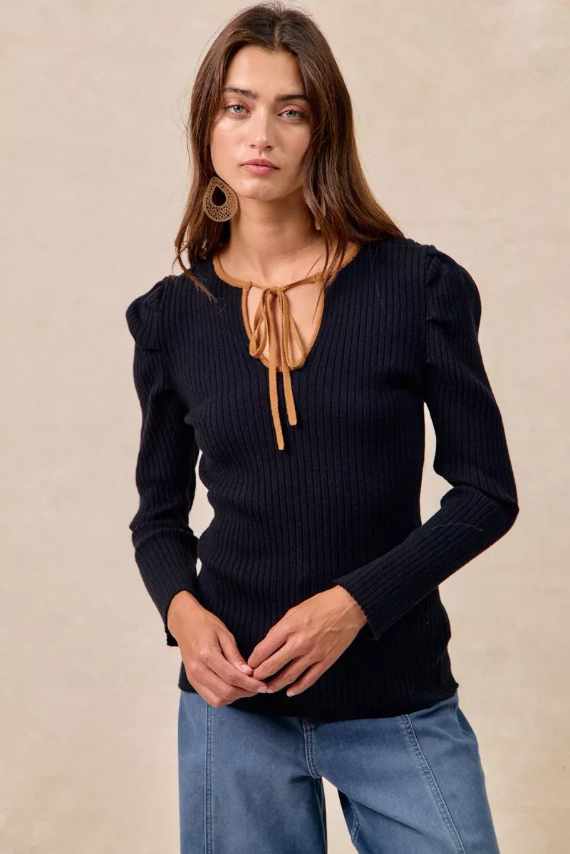 BiBi Black & Camel Ribbed Contrast Front Tied Top with Shrried