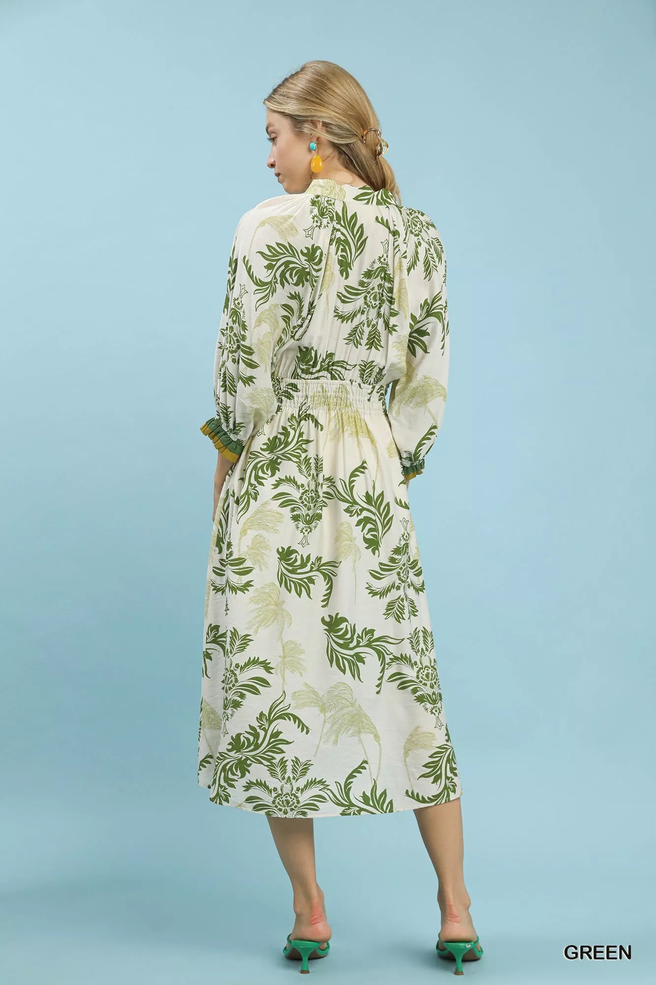 Umgee Green Tropical Print Button Detail Midi Dress