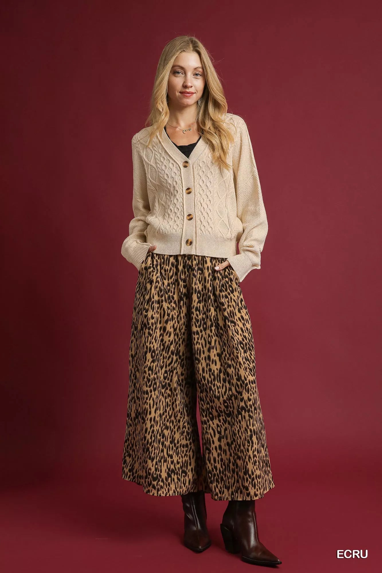 Umgee Ecru Chunky Cable Knit V-Neck Button-Up Cardigan