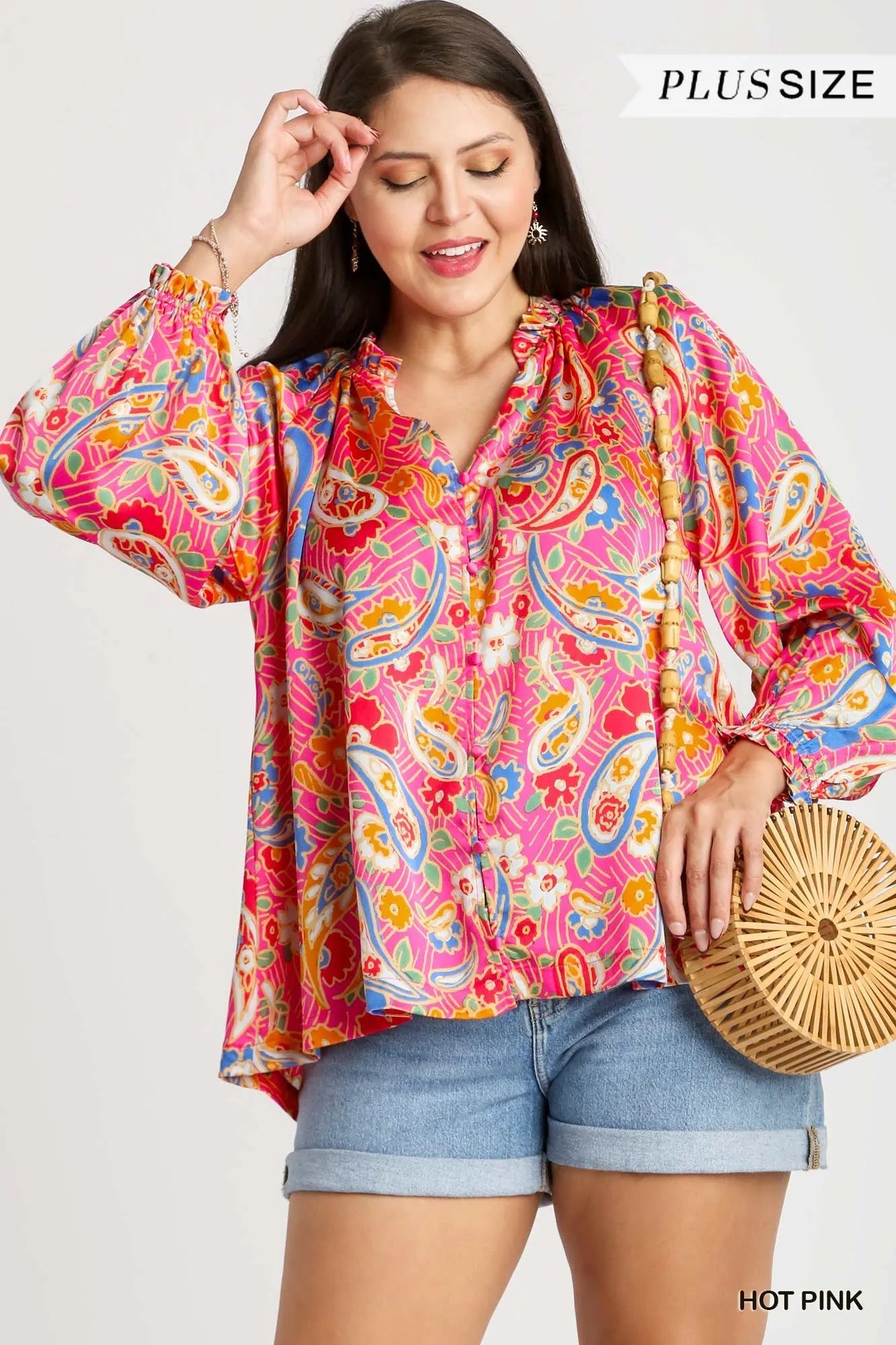 Umgee Hot Pink Satin Paisley FloralRuffle Neck Button-Up Blouse