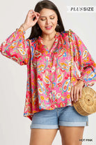 Umgee Hot Pink Satin Paisley FloralRuffle Neck Button-Up Blouse