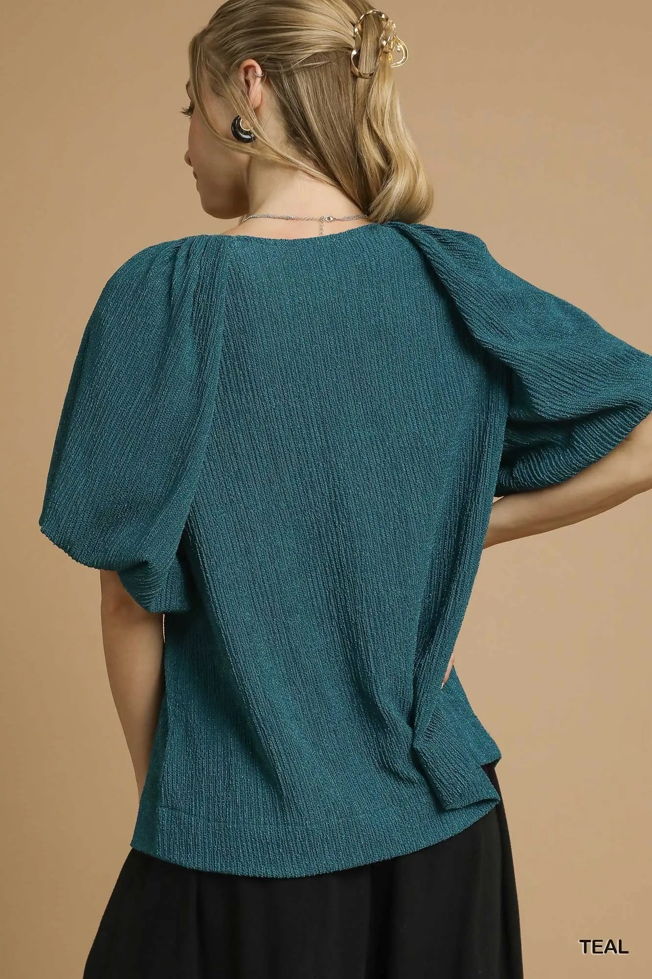 Umgee Teal Textured Flutter Sleeve Notch Neck Top