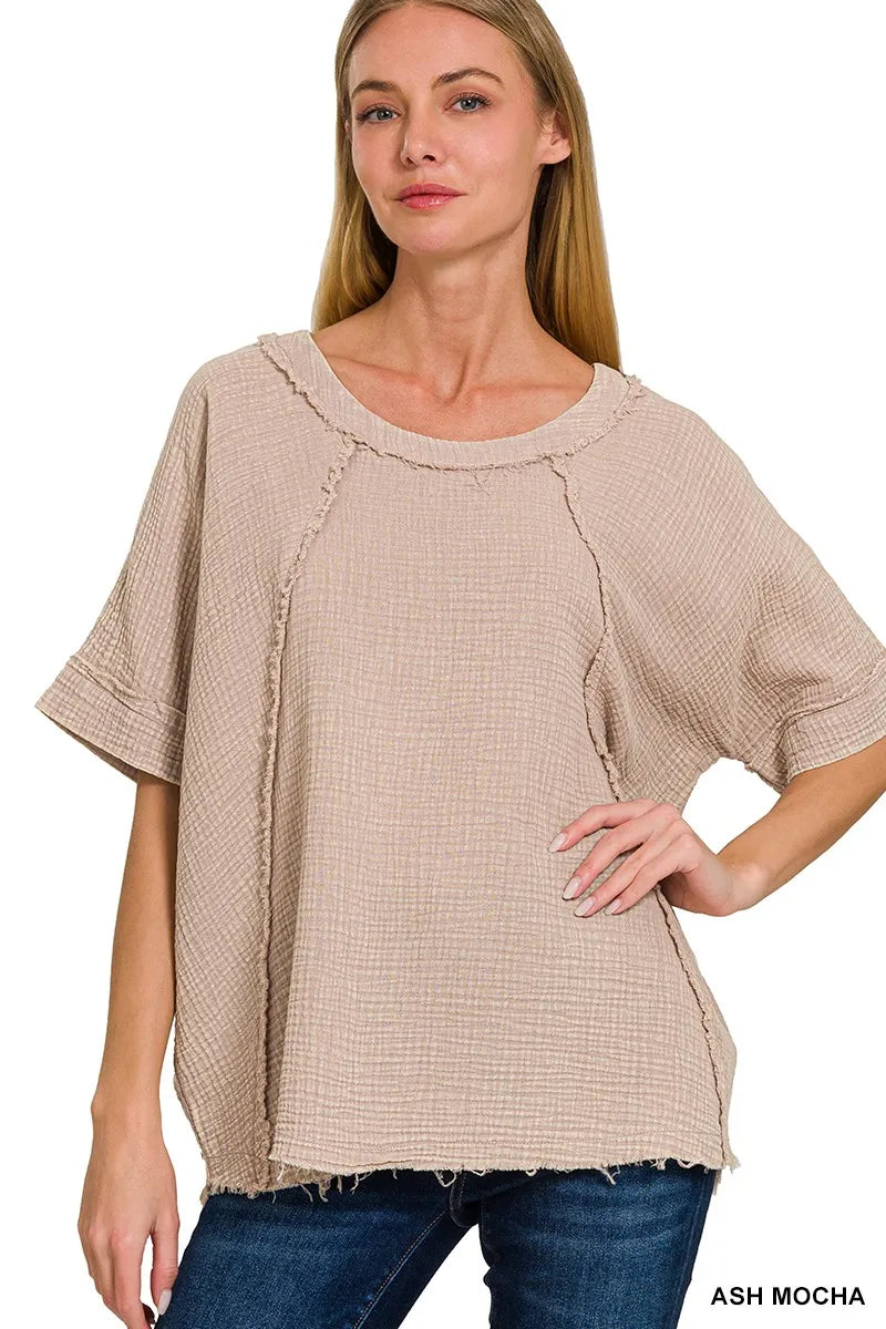 Zenana Ash Mocha Washed Double Gauze Exposed Seam Raglan Short Sleeve Top ASH MOCHA