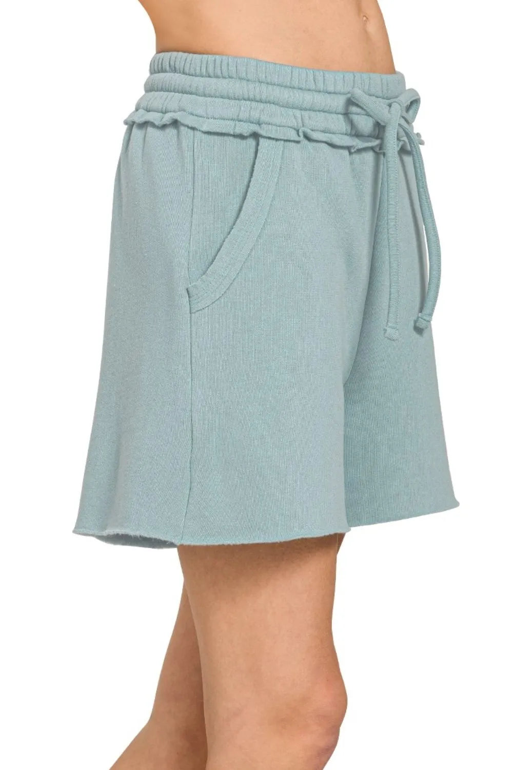 Zenana Blue Gray Fleece Raw Hem Shorts With Draw String