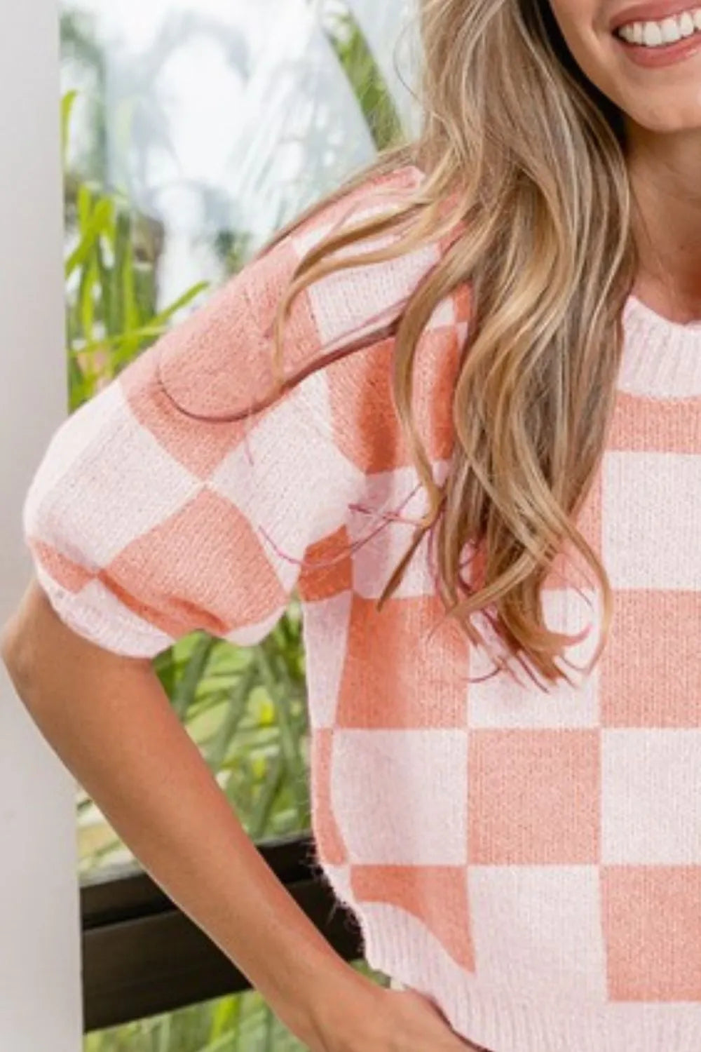 BiBi Ivory & Coral Check Pattern Short Puff Sleeve Sweater Top