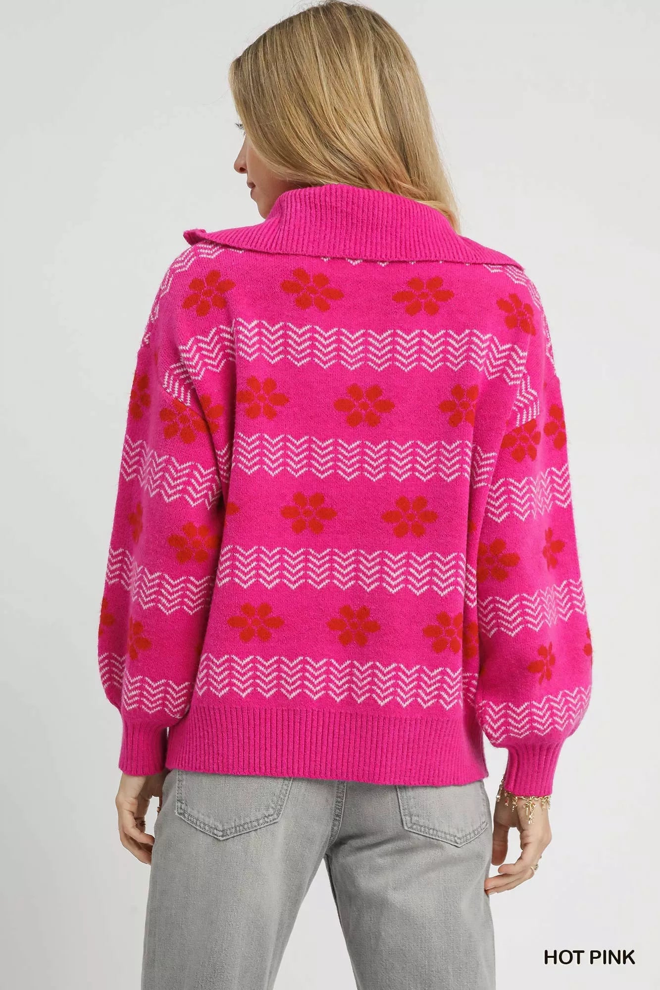 Umgee Hot Pink Floral Patterned Jacquard Quarter-Zip Pullover Sweater