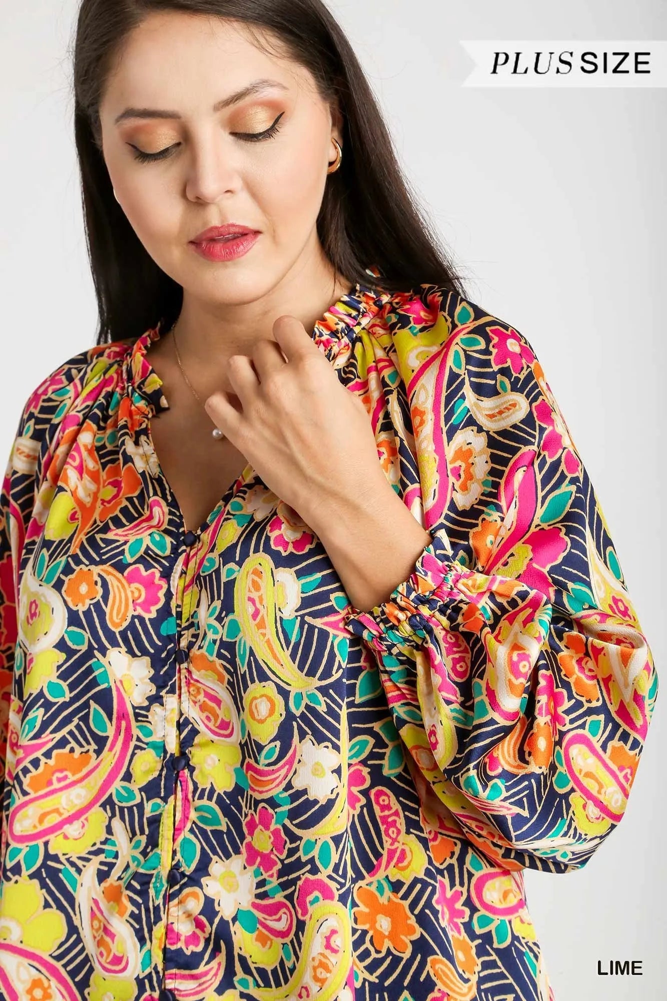Umgee Lime Satin Paisley Floral Ruffle Neck Button-Up Shirt