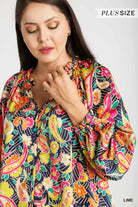 Umgee Lime Satin Paisley Floral Ruffle Neck Button-Up Shirt