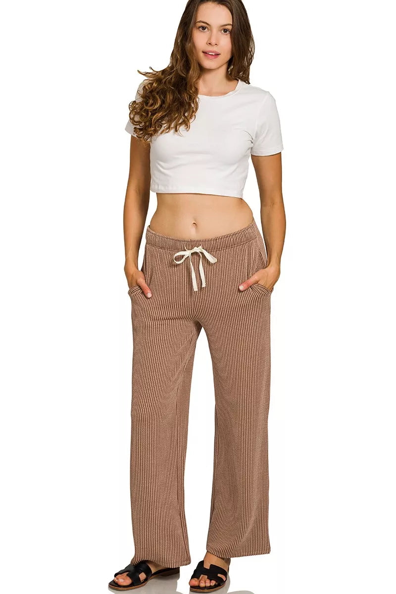 Zenana Brown Raised Rib Short Sleeve Tee & Pants Set