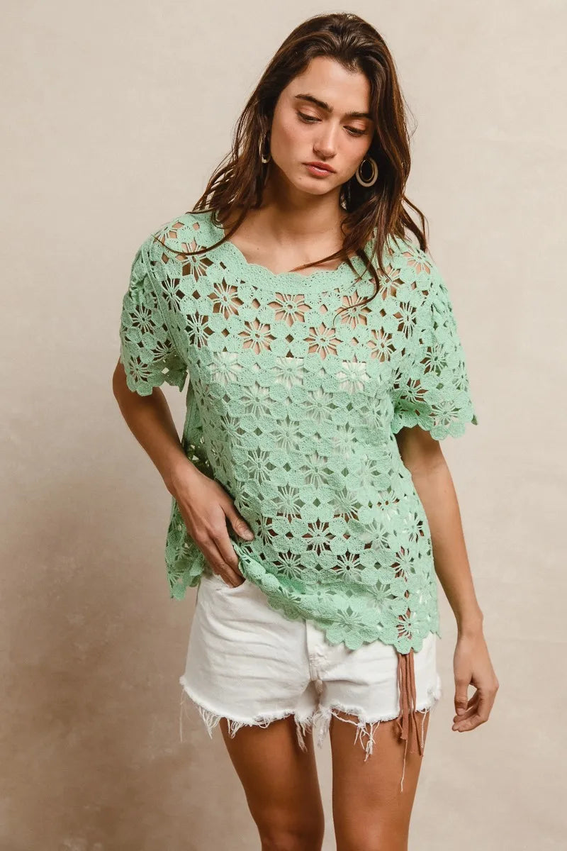 BiBi Light Green Openwork Crochet Short Sleeve Knit Top