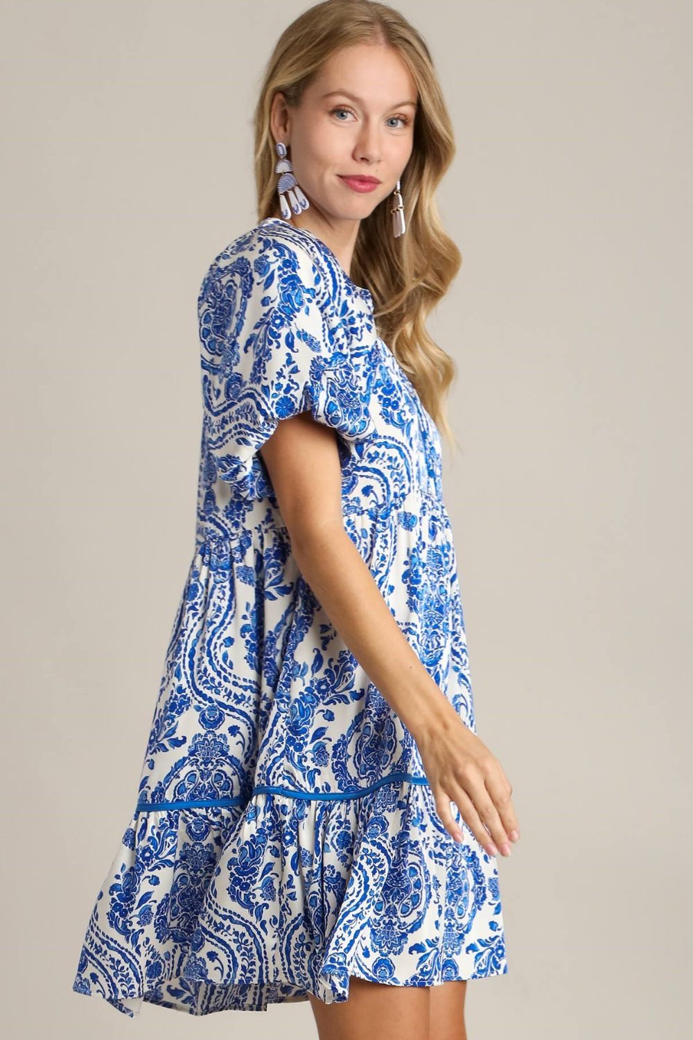 Umgee Royal Blue Printed Notched Puff Sleeve Mini Dress