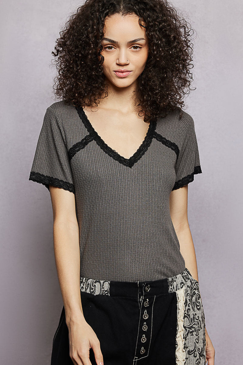 POL Charcoal Lace Detail V-Neck Short Sleeve Textured T-Shirt