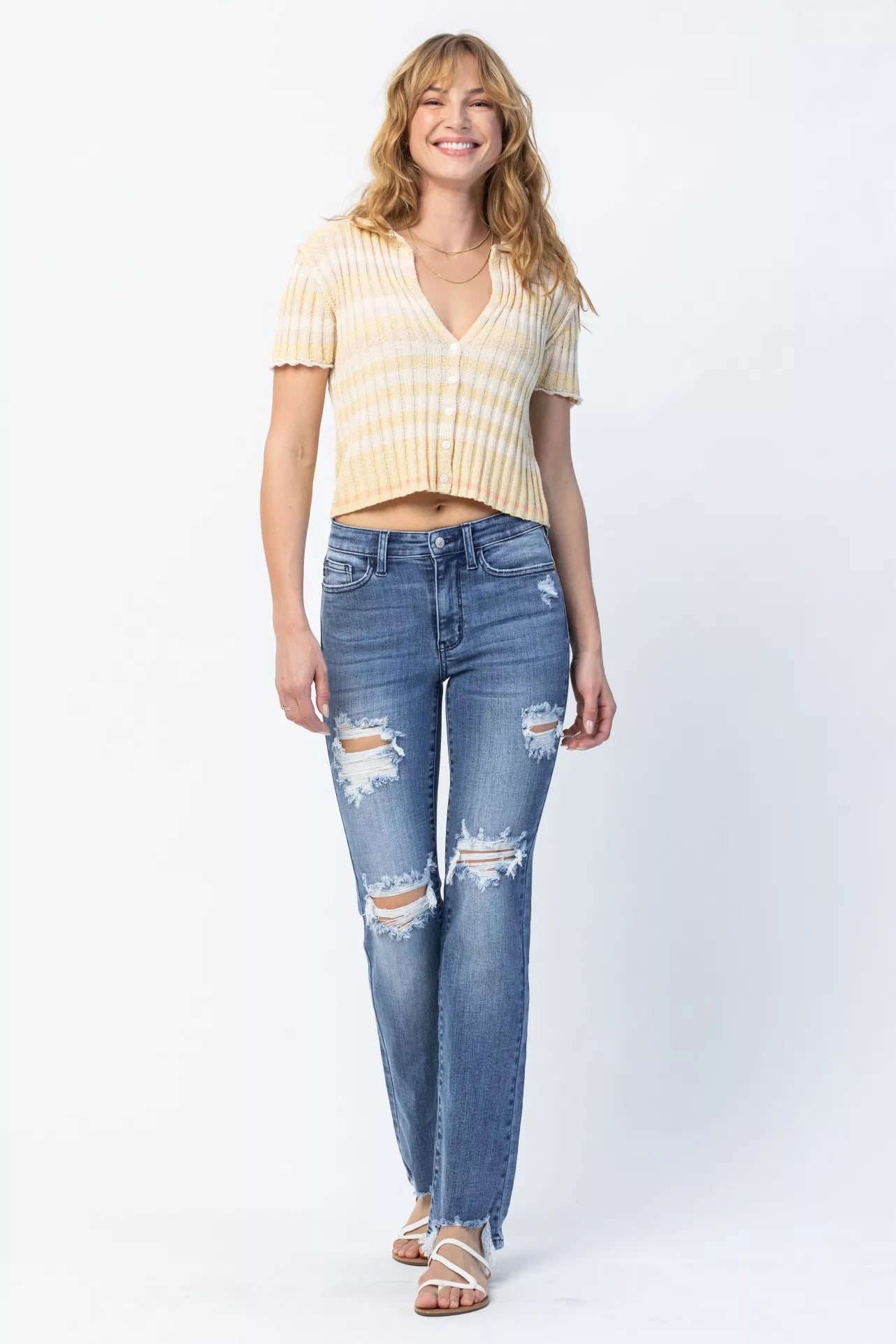 Judy Blue Medium Washed Mid Rise Destroyed Straight Jeans