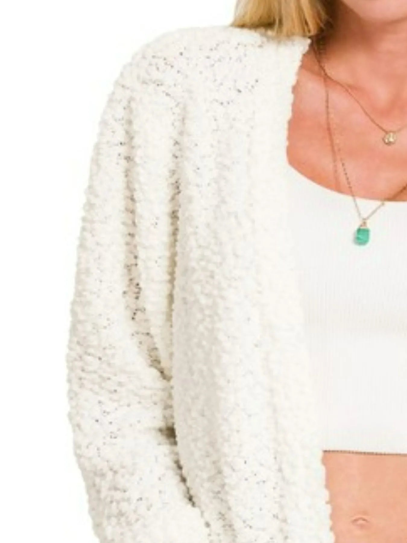 Zenana Ivory Long Sleeve Popcorn Sweater Cardigan with Pockets