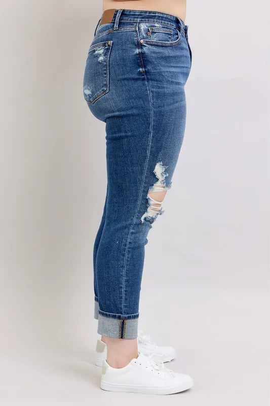 Judy Blue Dark Washed Midi Rise Boyfriend Destroyed Jeans with Yoke Pockets and Faux Selvedge Cuff