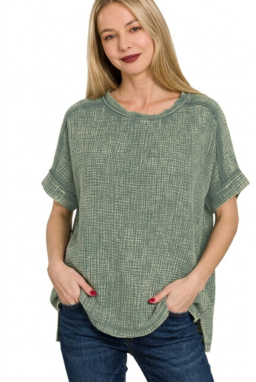 Zenana Ash Jade Acid Washed Double Gauze Round-neck Tee