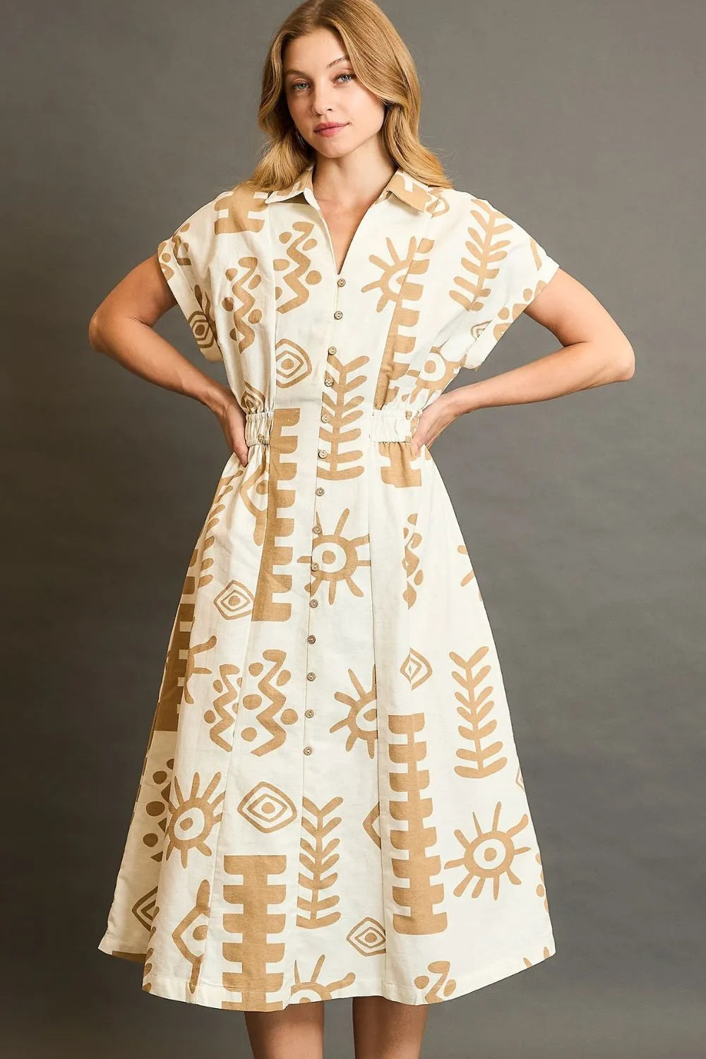 Umgee Abstract Print Elastic Waist Midi Dress Tan
