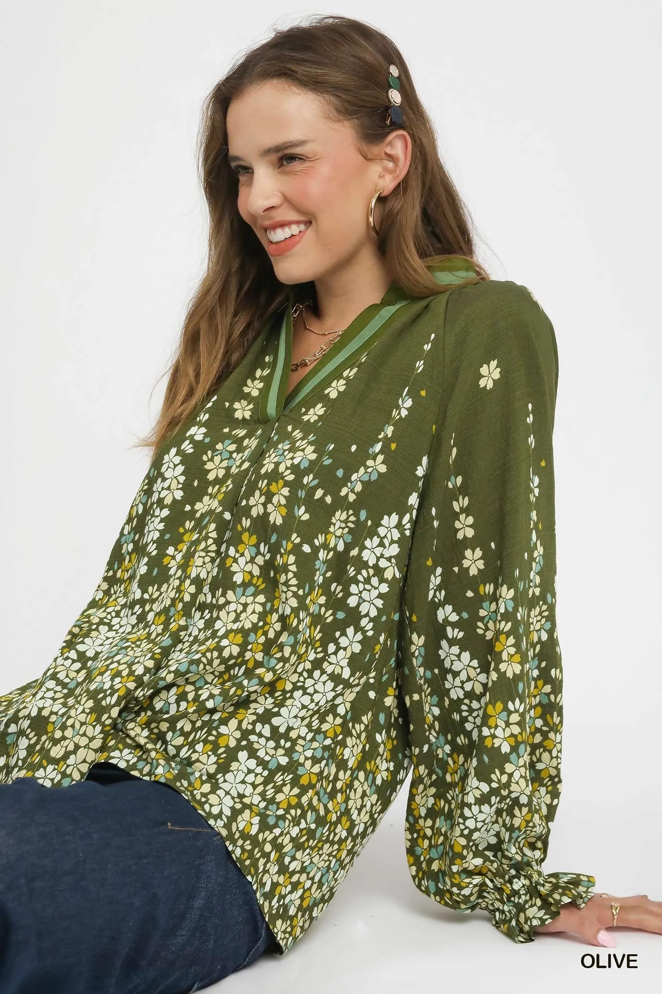 Umgee Olive Floral Vine Print Blouse with Balloon Sleeves Olive